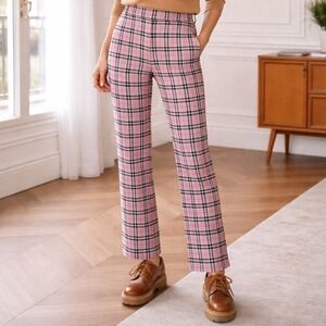 Weekend MaxMara Pink Plaid Wool Blend Straight Leg Trouser Pants Size 8